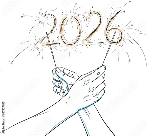 Hands holding sparklers to create the year 2026, symbolizing celebration and new beginnings.