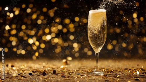 Sparkling champagne flute and glass with gold bokeh glitter, celebration party toast and holiday luxury mood, fizz bubbles sparkle confetti night scene, elegant festive splash on shimmering table

