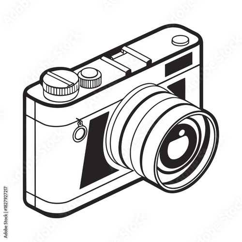 Black and white line art illustration of a camera