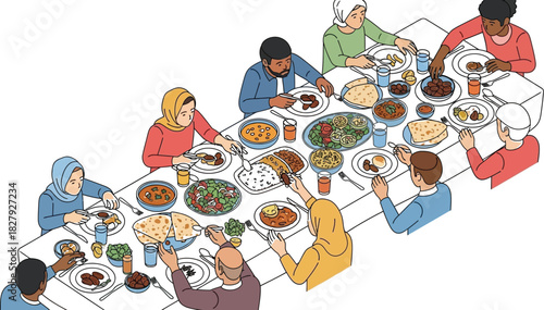 Diverse group of people sharing a joyful meal around a long table laden with food.