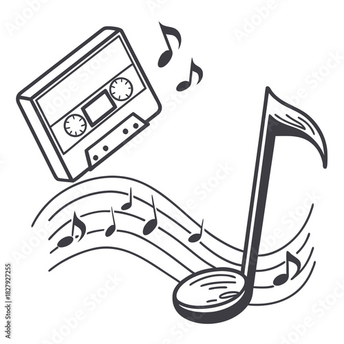 Cassette tape and musical notes illustration