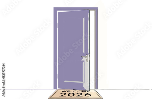 A new year awaits as a welcoming mat announces 2026 by an open door.