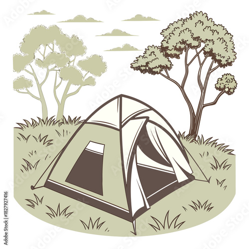 Aframe tent with trees and clouds in the background on a camping trip