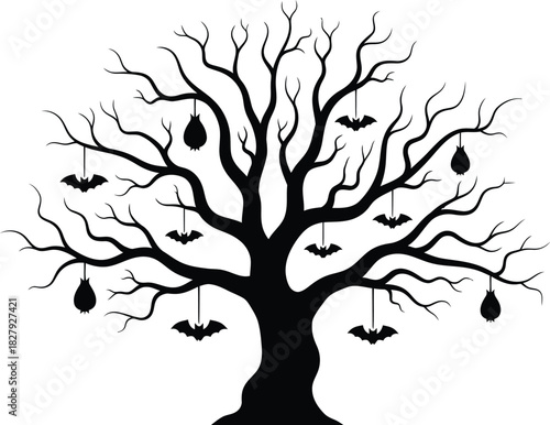 Spooky silhouette of a bare tree adorned with hanging bats and eerie fruit for Halloween.
