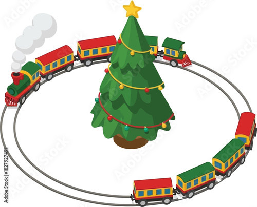 Festive toy train circles a brightly decorated Christmas tree, spreading holiday cheer.