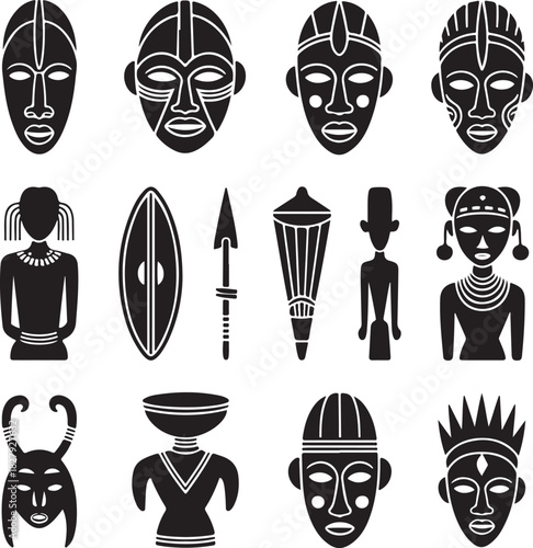 African tribal masks and objects vector illustration in black and white