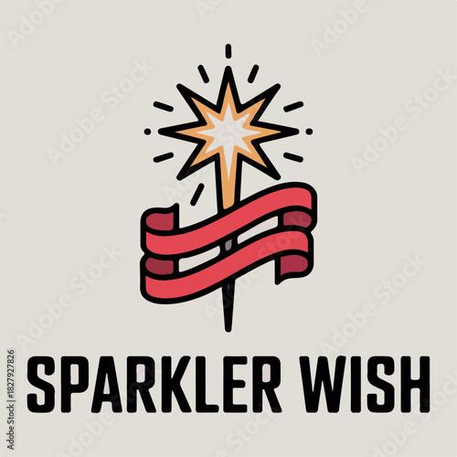 Sparkler wish star wand with red ribbon trail, bright festive firework icon on neutral background, cheerful holiday vector emblem for celebration cards and decor
