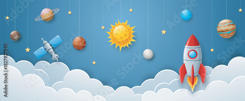 Rocket and planets in the sky. Paper art style