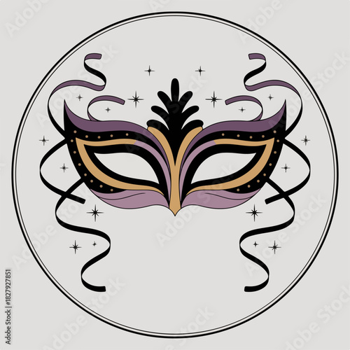 Elegant masquerade mask with ribbons, confetti and stars in circular frame, festive carnival party vector emblem for invitations, New Year and celebration