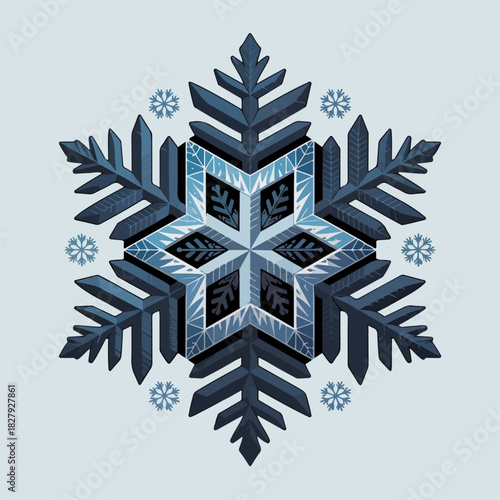 Intricate geometric snowflake in layered blue tones, symmetrical winter crystal icon, clean holiday vector for cards, patterns and seasonal branding