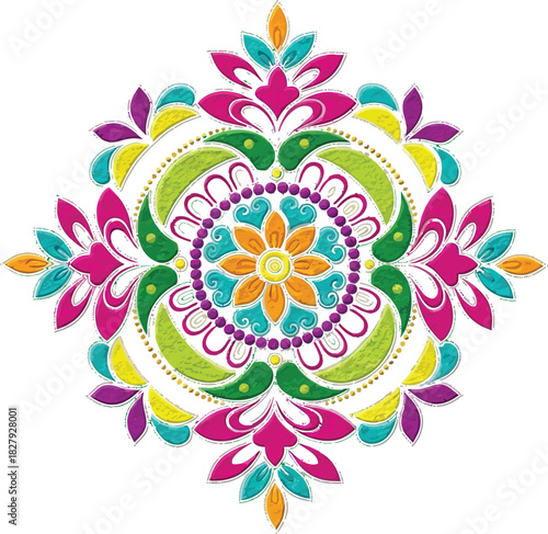 Vibrant and intricate floral mandala design with colorful patterns, perfect for festive decorations.