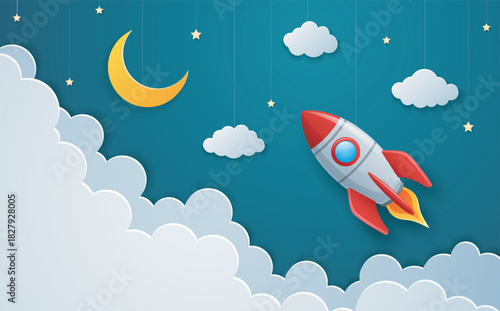 Rocket flying in the sky. Paper art style