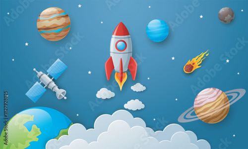 Space background with rocket and planets in paper art style