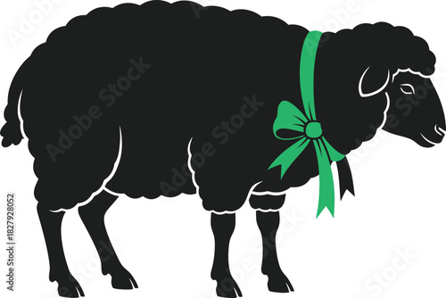 Distinctive black sheep adorned with a festive green ribbon, standing out from the flock.