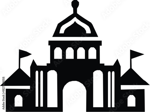 Castle silhouette with towers flags and battlements.