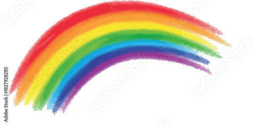 Vibrant rainbow arc painted with colorful, soft brushstrokes against a clean white background.