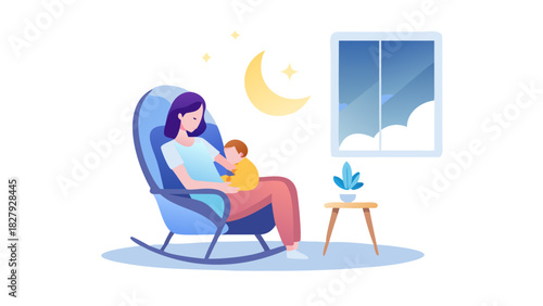 A mother rocking her baby to sleep in a cozy chair, moonlight entering the room, soft lullaby mood