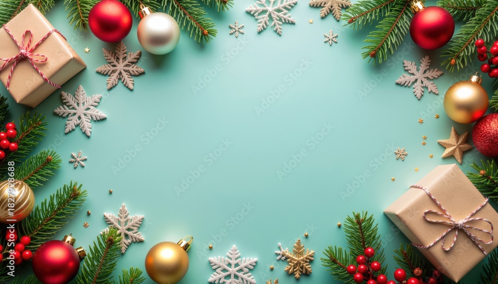 Fototapeta premium Festive holiday decorations christmas celebration image layout cheerful environment aerial viewpoint seasonal concept for celebrating the joy of christmas with colorful ornaments and gifts
