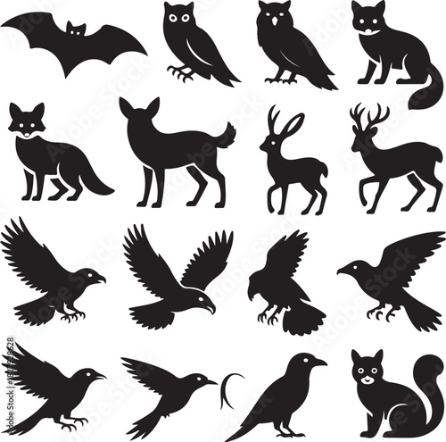Animal Silhouettes Vector Illustration Featuring Bat Owls Fox Deer Eagles Crows and Cat