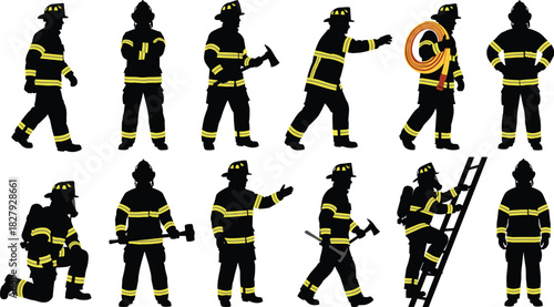 Set of firefighter silhouettes in uniform, carrying an axe, hose, and climbing a ladder, symbolizing emergency services, rescue, public safety, heroism, and the fireman profession.