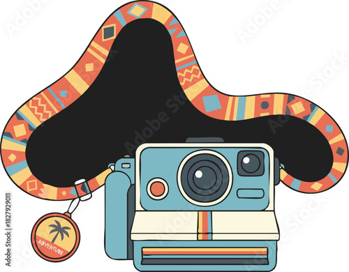 Retro Instant Camera Frame with Tribal Border and Tropical Tag
