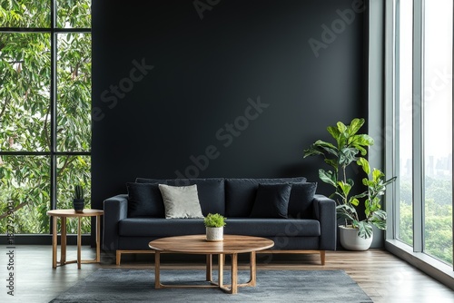 Modern living room with black wall, wooden tables, and indoor plants beside large windows, idea for home decor presentations and interior design layouts