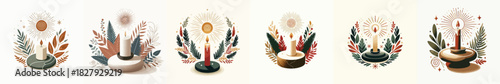 Candles burning on the altar stone. Yule and winter solstice theme. Vektor, design, minimalist, illustrations, set icon