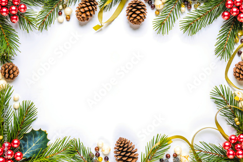 Festive christmas garland border with pine cones and berries on white background