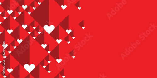 Geometric seamless pattern of white hearts and red squares for Valentine's Day. Background, vector, illustration.