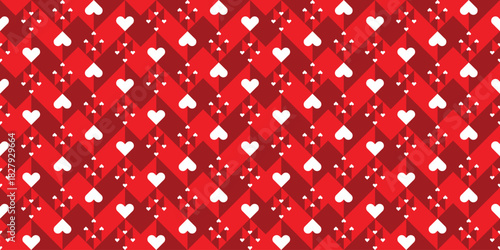 Geometric seamless pattern of white hearts and red squares for Valentine's Day. Background, vector, illustration.