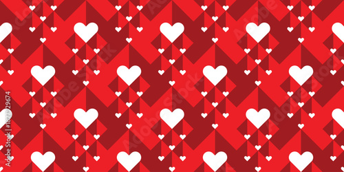 Geometric seamless pattern of white hearts and red squares for Valentine's Day. Background, vector, illustration.