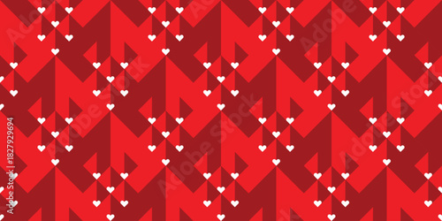 Geometric seamless pattern of white hearts and red squares for Valentine's Day. Background, vector, illustration.