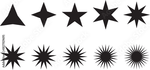Set of black starburst and star shapes in various styles and points for graphic design and decorative use