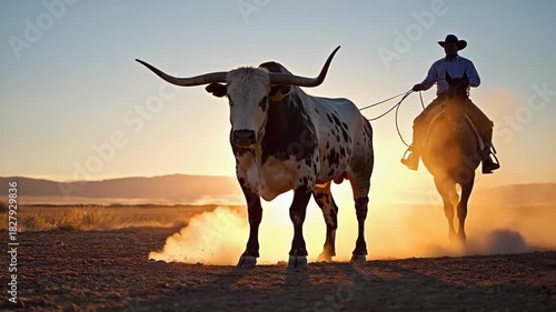 Male rancher on horseback leading a texas longhorn bull across a dusty field during a golden sunset. Panoramic sequence showing the traditional american western lifestyle