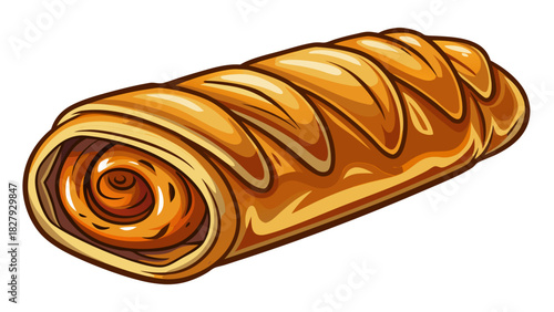 Very beautiful semi-realistic vector illustration of a single sausage roll on a clean white background, showing flaky pastry texture, warm golden tones, and a simple, appetizing presentation.