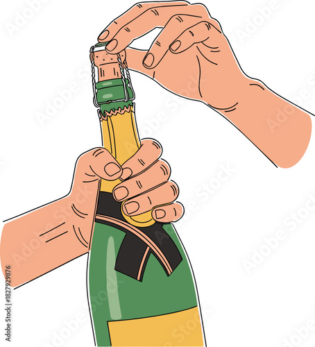 Champagne bottle opening illustration, celebratory hands close-up, festive moment, gold foil detail, party preparation scene, vector drawing art