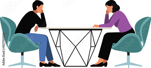 Discussion illustration, contemplative seated pose, negotiation moment, modern table setup, emotional tension scene, professional interaction, vector character art