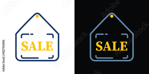 Minimalist sale tag icon design in dual light and dark background variations, featuring bold yellow sale text and clean modern outline style.