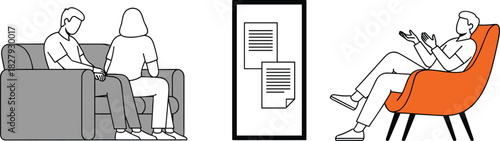Counseling session illustration, couple therapy scene, professional interaction, emotional support, modern office setup, communication concept, vector drawing