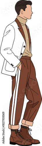 Fashion illustration side profile, white blazer outfit, striped pants style, confident pose, trendy casual-formal mix, vector character art