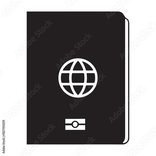 Biometric Passport Icon. Monochrome closed booklet with a globe emblem and chip symbol for international travel, ID verification, or immigration technology.