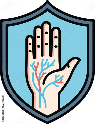 Illustration of a human hand with visible veins and arteries, displayed inside a blue shield shape, suggesting protection or healthcare.