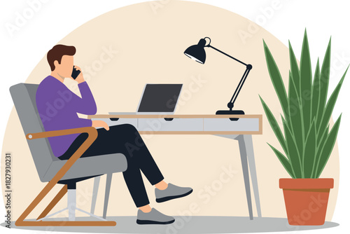 Home office illustration, phone call scene, laptop desk setup, modern workspace, indoor plant decor, remote work concept art