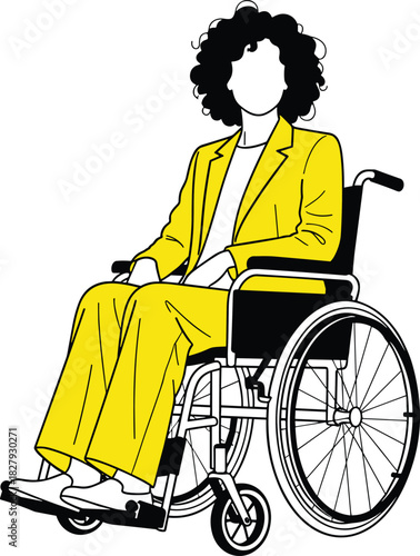 Inclusive wheelchair illustration, curly hair character, yellow suit fashion, mobility aid design, minimal vector art, accessibility concept drawing