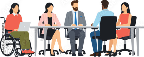 Inclusive workplace meeting illustration, diverse team collaboration, wheelchair user, business attire, conference table setup, professional environment vector art