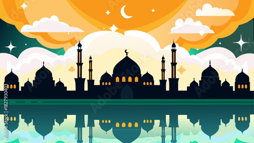 Silhouette of mosque with crescent moon and stars