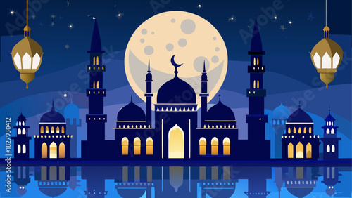 Ramadan Kareem Background Islamic lanterns glowing
moon and star crescent
