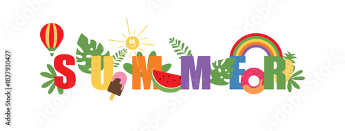 Vibrant Summer Colorful Typography Vector Illustration with Fruits, Leaves, and Sunshine Elements