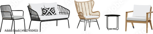 Modern outdoor furniture set, patio seating design, stylish garden chairs, minimalist decor, woven textures, metal and wood frame illustration