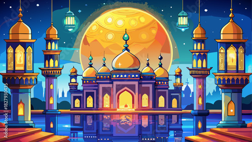Ramadan Kareem Background Islamic lanterns glowing
moon and star crescent
